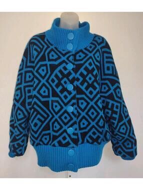 Vintage 80s Learsi Korea Insulated Knit Jacket Blue Black Geometric Acrylic M